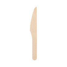 Ein PAPSTAR Messer Holz "pure" (16,5 cm, umweltfreundlich und stabil, 250 Stück, PAPSTAR GmbH) ist senkrecht mit der Klinge nach oben vor einem schlichten weißen Hintergrund abgebildet.