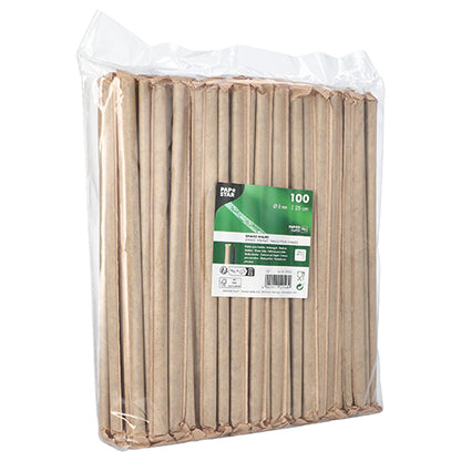 Un emballage en plastique transparent contenant 100 PAPSTAR pailles à secouer en papier (noir, Ø 8 mm, 25 cm, emballées individuellement) de la société PAPSTAR GmbH, avec l'étiquette produit vert et blanc sur le devant.