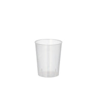 The Starpak 20 reusable glass set, made of unbreakable PP (4 cl, Ø 4.3 cm, height 5.2 cm), features an empty, clear shot glass on a white background—ideal for repeated use.