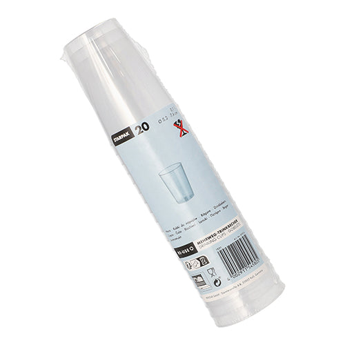 Eine in Plastik verpackte Packung mit 20 Starpak Mehrweg-Trinkbechern, PP, 0,1 l, Ø5,2 cm × 7,4 cm, durchscheinend und unzerbrechlich, mit einem Etikett mit Produktdetails, Tassenillustration, Barcodes und Recyclingsymbolen.