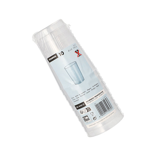 10 transparente, unzerbrechliche Mehrweg-Trinkbecher aus PP von Starpak, in klarer Verpackung mit Etikett, Barcode und Becherbild.