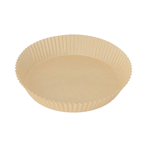 Sur fond blanc est représenté un papier de cuisson PAPSTAR 100 beige, rond pour friteuses à air chaud (hauteur 4,5 cm) de la société PAPSTAR GmbH - idéal pour les friteuses à air chaud.