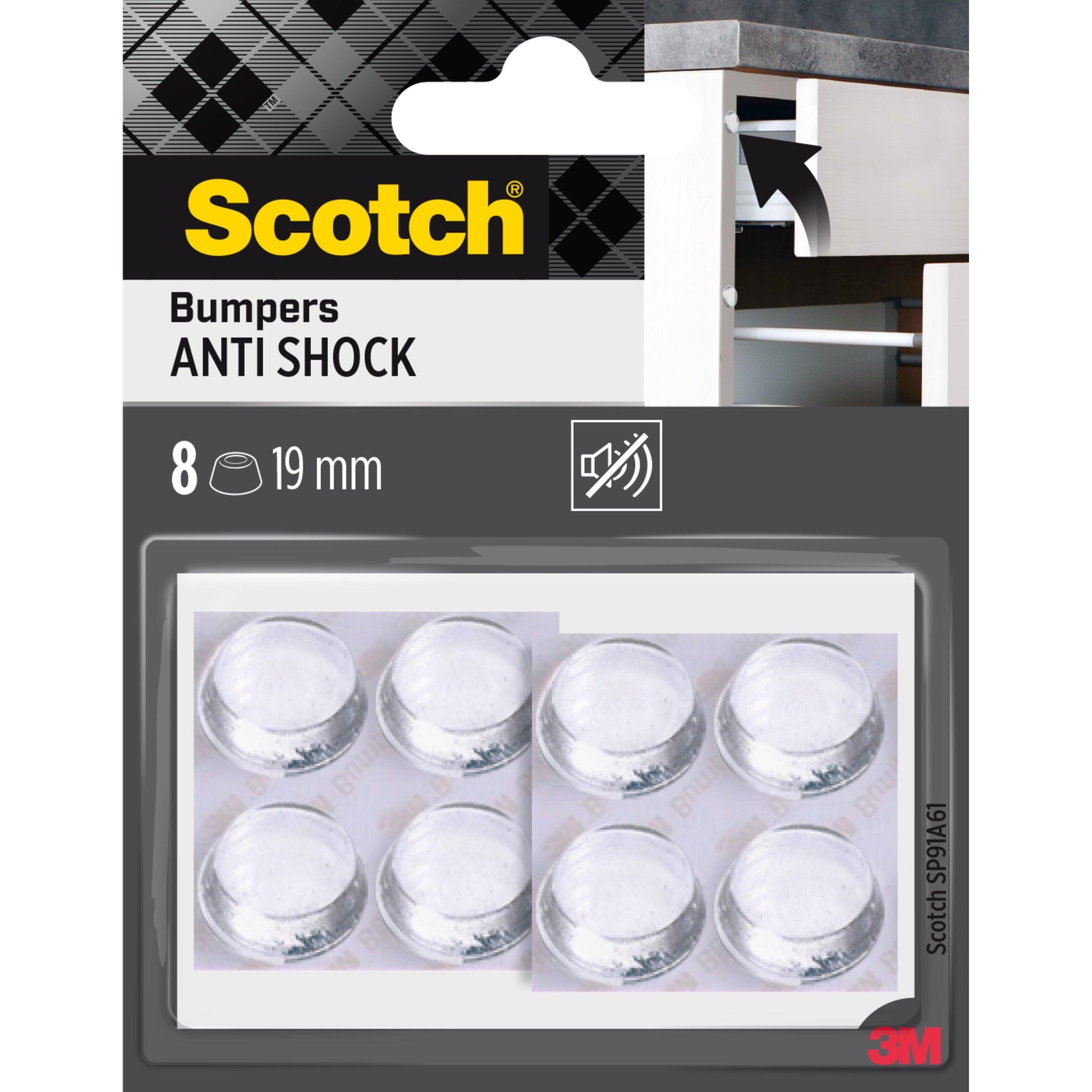 Eine Einzelhandelspackung Scotch® Stoßabsorbierende Elastikpuffer, selbsthaftend, transparent (8 klare runde Puffer, 19 mm) der 3M Deutschland GmbH, abgebildet mit Produktbranding und einem Puffer auf einer Schranktür.