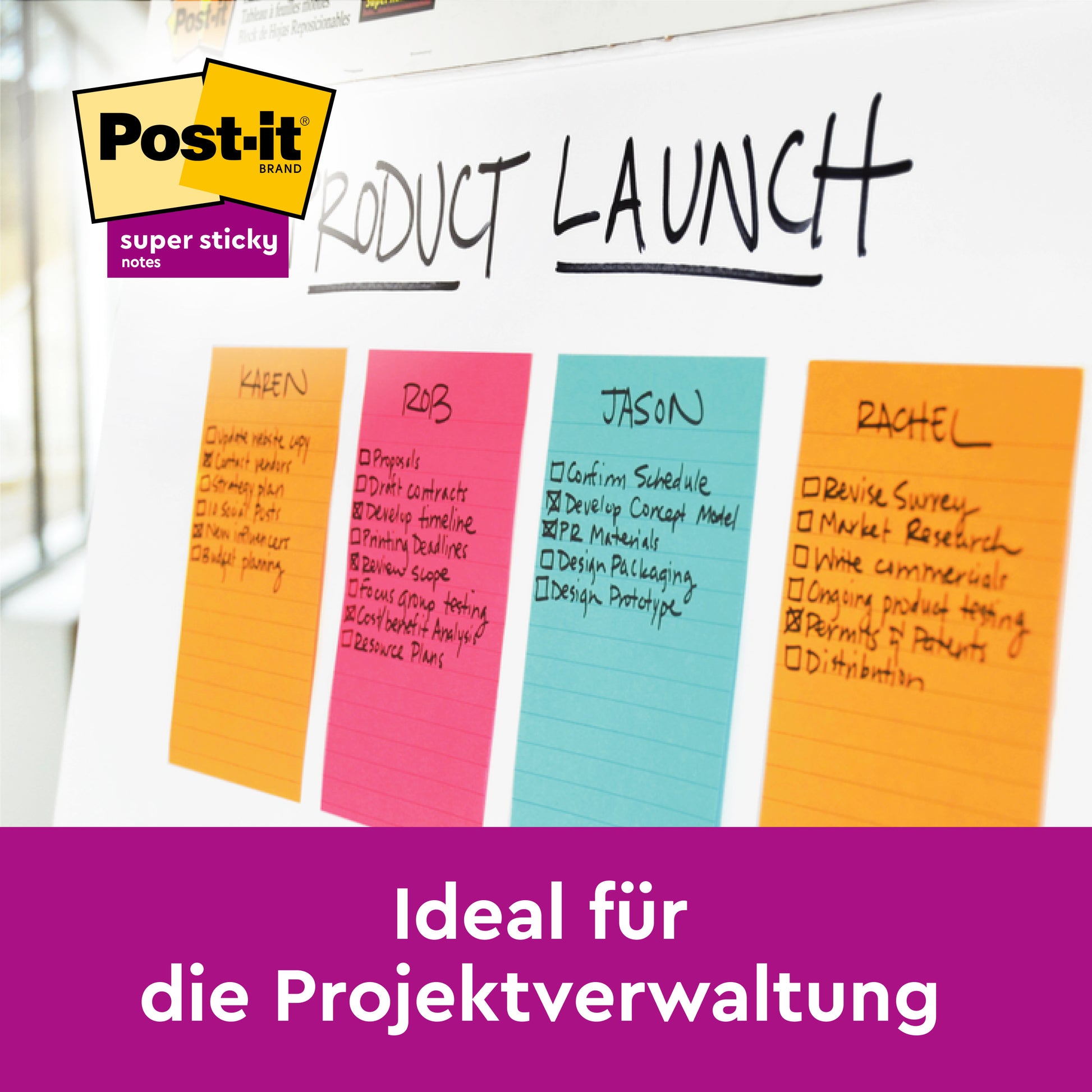 Ein Whiteboard mit dem Titel "Produkteinführung" zeigt Post-it® Super Sticky Notes im Großformat, Rosa und Grün, von 3M Deutschland GmbH für Aufgabenlisten. Das Post-it-Logo und der Text "Ideal für die Projektverwaltung" sind ebenfalls zu sehen.