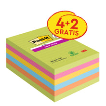 Eine Packung Post-it® Super Sticky Notes im Großformat, 101 x 152 mm, liniert, in verschiedenen Farben. Enthält 4 Blöcke + 2 gratis (90 Blatt/Block), haftstarke Notizzettel, von 3M Deutschland GmbH, 100% PEFC-zertifiziert.