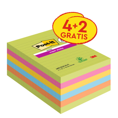 Eine Packung Post-it® Super Sticky Notes im Großformat, 101 x 152 mm, liniert, in verschiedenen Farben. Enthält 4 Blöcke + 2 gratis (90 Blatt/Block), haftstarke Notizzettel, von 3M Deutschland GmbH, 100% PEFC-zertifiziert.