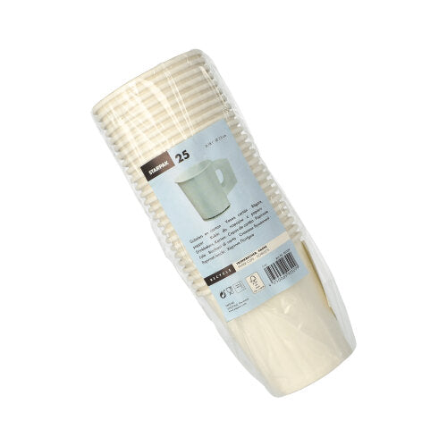 Ein in durchsichtige Folie eingewickelter Stapel aus 25 weißen Starpak-Einweg-Pappbechern (je 0,18 l, Ø 7,3 cm, 7,8 cm hoch) mit Henkeln, beschriftet mit dem Starpak-Logo und Produktdetails.