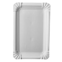 The Starpak 20 Plates, Rectangular Cardboard 13 cm x 20 cm, White (20-pack), consists of rectangular white plates with raised rims and scalloped corners—ideal for eco-friendly parties. Photographed from above against a plain background.