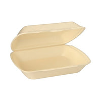 Une boîte-repas Starpak XPS à emporter (7,5 cm x 24,3 cm x 20,8 cm), issue du lot « Starpak 100 boîtes-repas avec couvercle rabattable », est représentée ouverte et vide sur un fond blanc, mettant en valeur son design rectangulaire de couleur beige.
