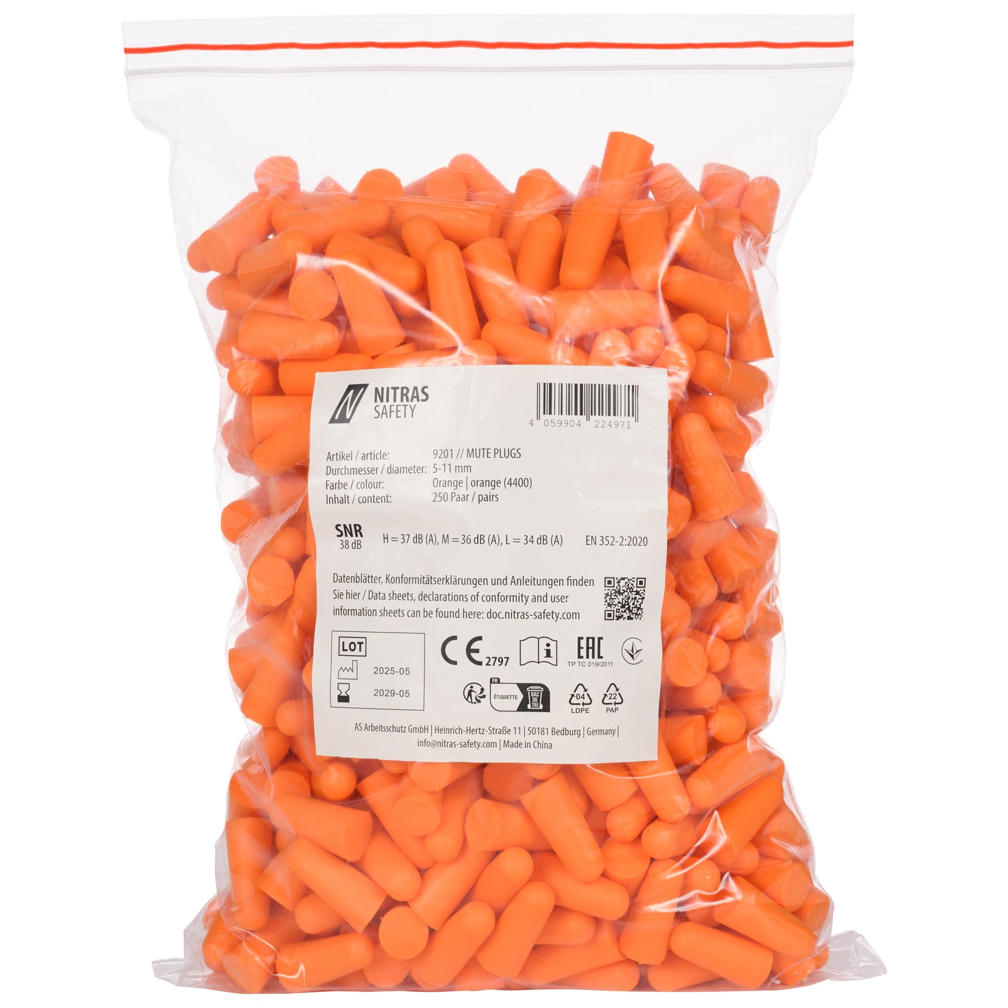 NITRAS MUTE PLUGS, Gehörschutzstöpsel, orange, EN 352-2, 250 Paar / Polybeutel PU | Packung (1 Stück)