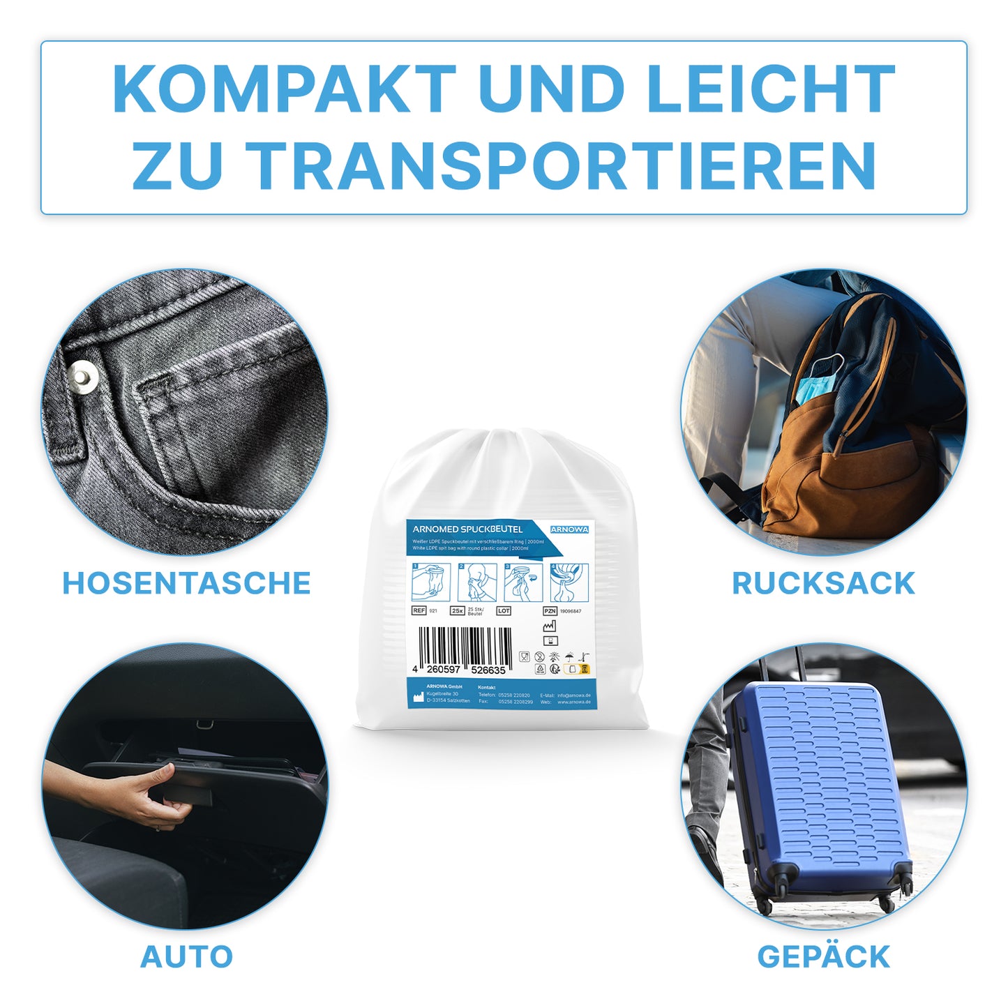 Ein weiß verpackter ARNOMED Spuckbeutel von ARNOWA GmbH steht im Mittelpunkt, umgeben von Bildern mit den Labels "Hosentasche", "Rucksack", "Auto" und "Gepäck", die das hygienische, praktische Beutel-Set (25 Stück) mit Verschlussring zeigen.