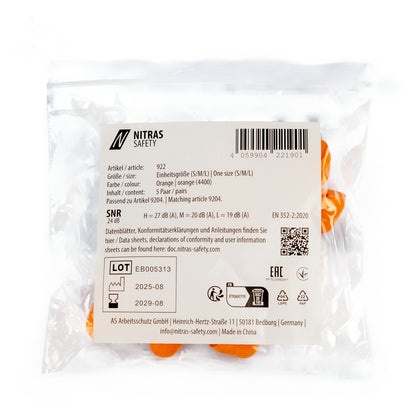 NITRAS Gehörschutzstöpsel, orange, EN 352, Polybeutel à 5 Paar | Packung (1 Stück)
