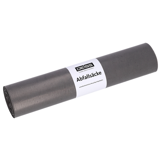 Abgebildet ist eine Rolle EMIL DEISS KG (GmbH + Co.) DEISS 94007 grau Müllsäcke (660x800x0,05 mm, 25 Stück) mit weißem "DEISS Abfallsäcke"-Etikett auf einfarbig weißem Hintergrund.