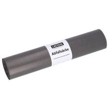 Abgebildet ist eine DEISS 94030 Müllsackrolle (340+300x740x0,05 mm, grau, 25 Stück) der EMIL DEISS KG (GmbH + Co.) mit einem weißen Etikett mit der Aufschrift "DEISS Abfallsäcke" auf einfarbig weißem Hintergrund.