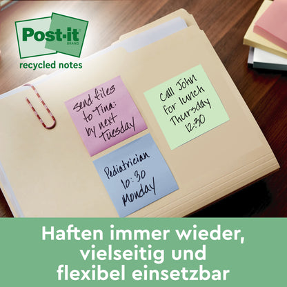Eine Mappe mit drei Post-it® Recycling Notes (38x51 mm, 100 Blatt/Block, 100% PEFC) von 3M Deutschland GmbH: lila für Erinnerungen, gelb für Termine zum Mittagessen, blau für Kinderarztbesuche. Der deutsche Text unterstreicht ihre Wiederverwendbarkeit und Vielseitigkeit.