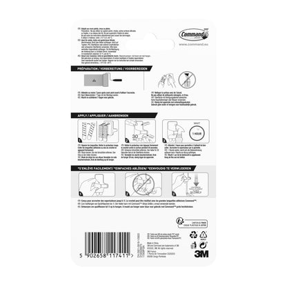 Auf der Rückseite der Verpackung des Command™ Sprühflaschenaufhängers 17009 der 3M Deutschland GmbH finden Sie eine bebilderte Schritt-für-Schritt-Anleitung für die Verwendung und Entfernung, mehrsprachigen Text und einen Barcode am unteren Rand.