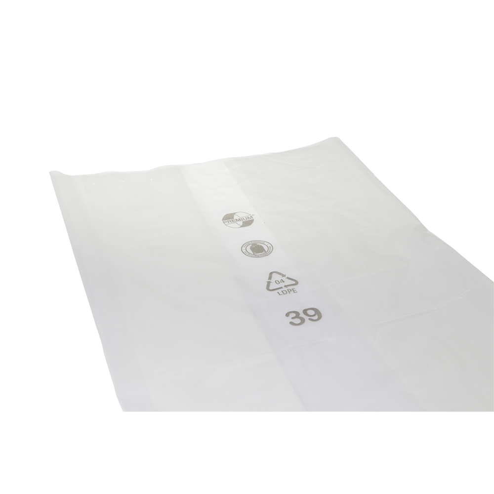 Die EMIL DEISS KG (GmbH + Co.) DEISS 99026 ist eine transparente Kunststofffolie (700+250x1200x0,05 mm) für Verpackungen mit Recycling- und Materialkennzeichnungssymbolen sowie der Zahl 39 in schwarzer Schrift auf weißem Grund. Karton enthält 200 Stück.