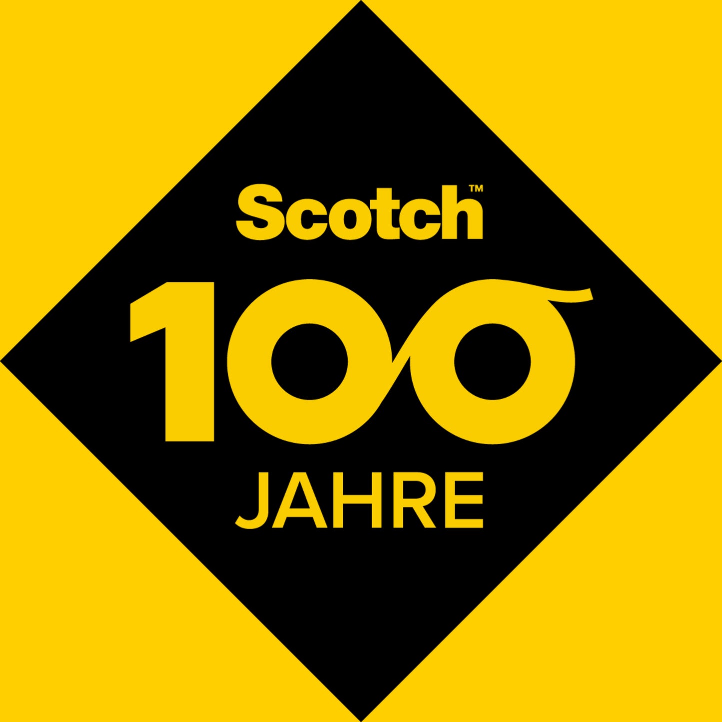 Eine schwarze Raute auf Gelb zeigt "Scotch 100 JAHRE" in Gelb, mit 100 als Unendlichkeitssymbol, zur Feier des Scotch™ Klebeband-Abrollers C18 + Scotch® Magic™ Unsichtbares Klebeband (19 mm x 33 m) von 3M Deutschland GmbH.