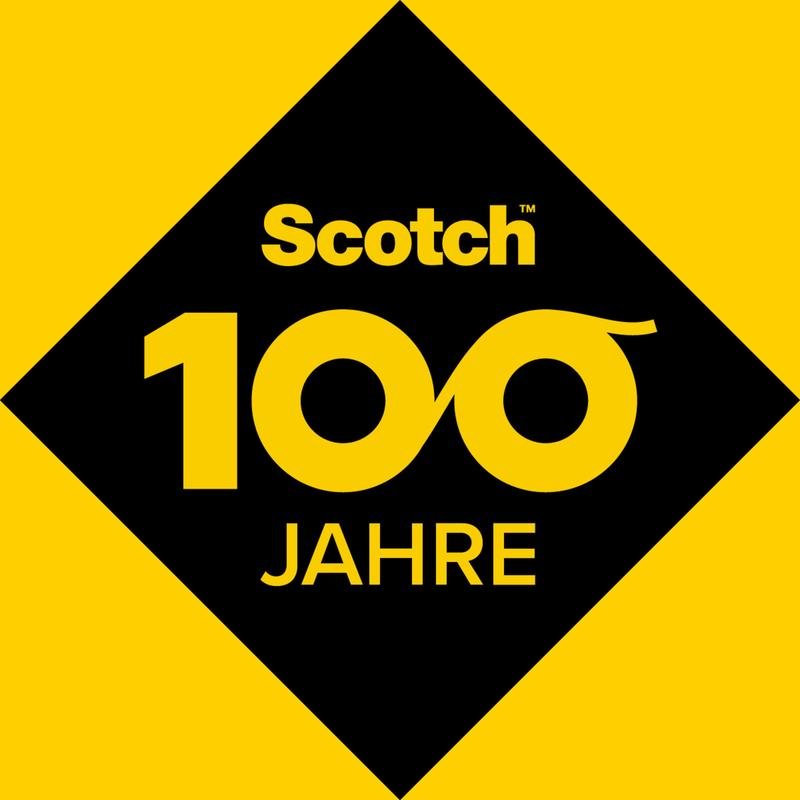 Un rombo nero con bordo giallo mostra il logo del nastro adesivo per tappeti Scotch® della 3M Deutschland GmbH e il numero 100 stilizzato con nastro adesivo, sopra "ANNI" su sfondo giallo.