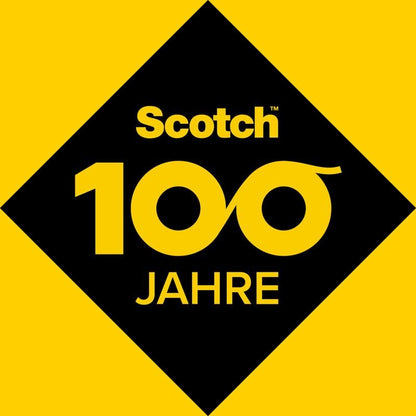 Un rombo nero con bordo giallo mostra il logo del nastro adesivo per tappeti Scotch® della 3M Deutschland GmbH e il numero 100 stilizzato con nastro adesivo, sopra "ANNI" su sfondo giallo.