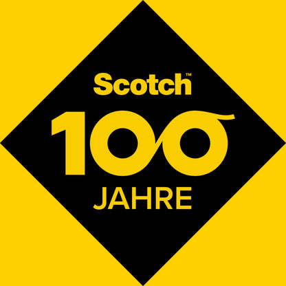 Ein gelb-schwarzes, rautenförmiges Logo kennzeichnet 100 Jahre Scotch®, bekannt für zuverlässige Oberflächenschutzprodukte wie die selbstklebenden Scotch® Extrembeständigen Filzpads SP87A37, 24 mm x 22 mm, grau/weiß, 12 Stück pro Packung von 3M Deutschland GmbH.