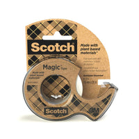The Scotch® Magic™ adhesive tape from 3M Deutschland GmbH contains 66% plant-based adhesive, measures 19 mm x 20 m, and comes with a refill dispenser made from recycled material. The packaging features a brown checkered design.