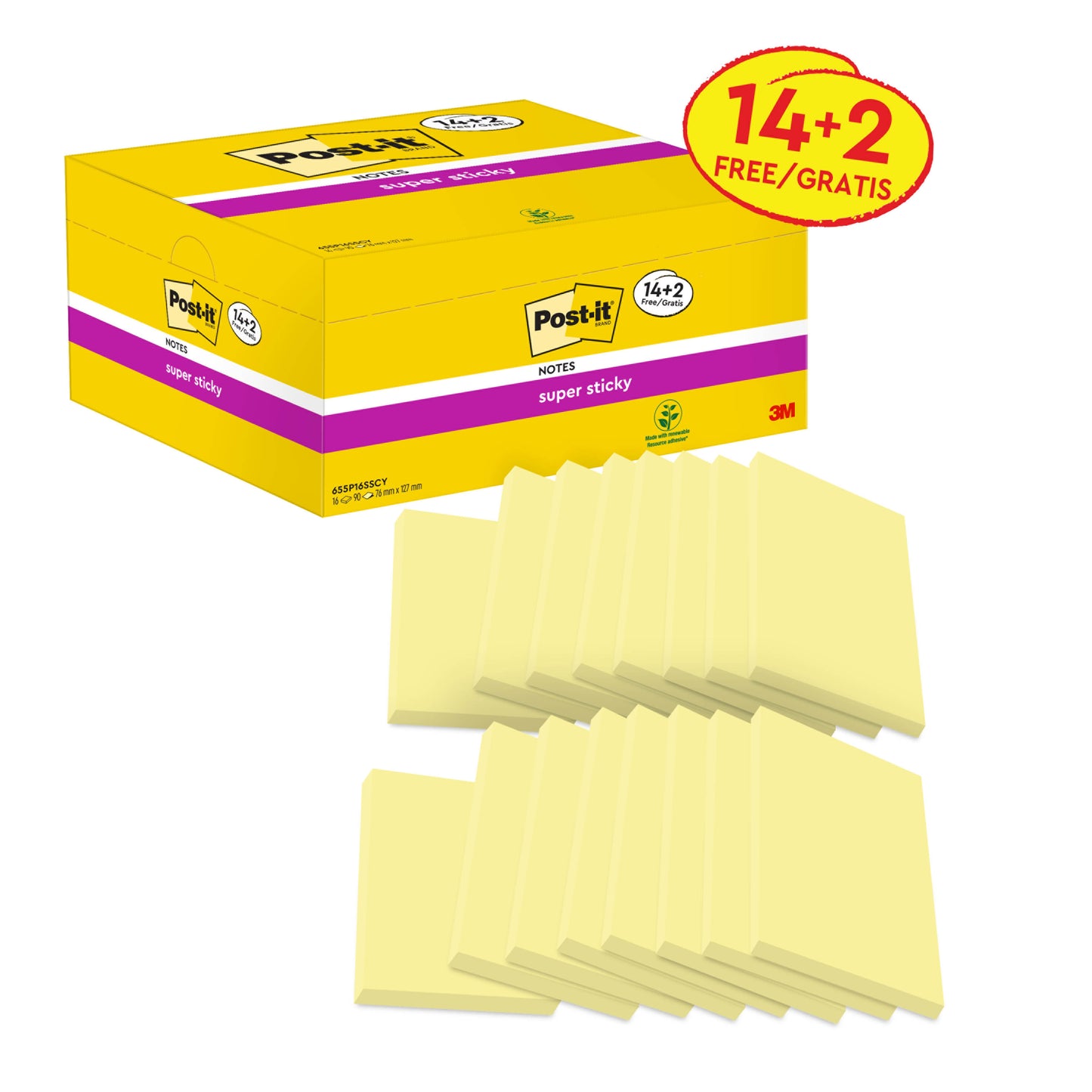 Eine Packung 3M Post-it® Super Sticky Notes, Gelb, 76x127mm, 90 Blatt/Block, mit 14 Blöcken plus 2 gratis (16 insgesamt), ist eine ideale wiederverwendbare Haftnotizen von 3M Deutschland GmbH, PEFC-zertifiziert.