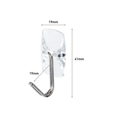 Der Command™ Drahthaken, klein, transparent von 3M Deutschland GmbH ist ein klarer Wandhaken mit Metallhaken (Seitenansicht). Maße: 19 mm breit, 41 mm hoch, ragt 19 mm hervor. Inkl. transparenter Strips.