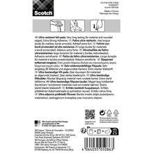 Rückseite einer Packung 3M Deutschland GmbH Scotch® Extrembeständige Filzpads SP87A35 (Ø 25mm, grau/weiß, 8 Stück), mit mehrsprachigen Informationen zur Selbstklebekraft, Haltbarkeit, sowie einem Barcode und Symbolen unten rechts.