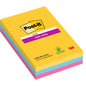 Eine Packung Post-it® Super Sticky Notes, liniert und im Großformat (101 mm x 152 mm, 90 Blatt/Block), von 3M Deutschland GmbH. Hergestellt aus 100% PEFC-zertifiziertem Papier. Farben: gelb, blau und rosa; Verpackung mit umweltfreundlichem Etikett.