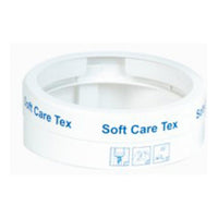 The Diversey Deutschland Soft Care Tex Wall Mount is a white plastic wall mount for hanging the Soft Care Tex bucket; it features blue product labeling, two cleaning symbols on the side, an open center, and a flat, round design.