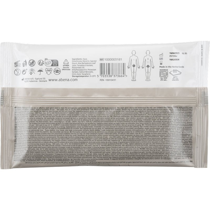 Rückansicht der Abena Re-Seller GmbH Perineale Handschuhe Packung (4 Stück) zeigt Symbole, Produktdetails, Anweisungen, Barcode, Firmeninformationen und Diagramme zur perinealen Pflege. Der Text wird in mehreren Sprachen angezeigt.