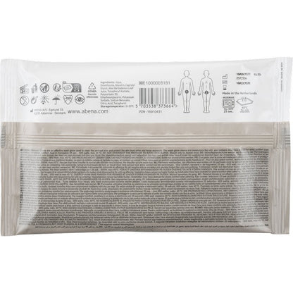 Rückansicht der Abena Re-Seller GmbH Perineale Handschuhe Packung (4 Stück) zeigt Symbole, Produktdetails, Anweisungen, Barcode, Firmeninformationen und Diagramme zur perinealen Pflege. Der Text wird in mehreren Sprachen angezeigt.