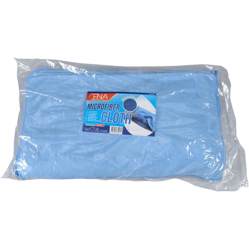 Un chiffon en microfibre ENA Soft bleu plié (53x60 cm) de Abena Re-Seller GmbH est emballé dans un sac en plastique transparent avec une étiquette "chiffon en microfibre", une information sur le produit et une image partielle du chiffon de nettoyage en usage. L'emballage contient 10 pièces.