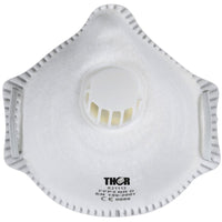 Una mascherina respiratoria bianca Abena Re-Seller GmbH Thor FFP3 con valvola centrale, cuciture visibili sui bordi e testo stampato (marca, modello 831112, certificazione) è disponibile in confezioni da 10 mascherine monouso.