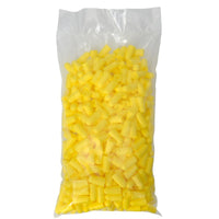 A transparent plastic bag from Abena Re-Seller GmbH contains 200 pairs of yellow Thor earplugs (SNR 37 dB, 813111), which are sealed at the top against a white background.