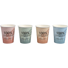 Vier pastellfarbene Kaffeebecher Kompostierbar "Dandelion" von Abena Re-Seller GmbH mit umweltfreundlichem Design und dem Aufdruck "100% Compostable Because I Care!" bieten stilvollen, nachhaltigen Genuss.
