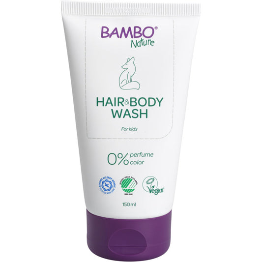Eine weiß-lila Tube mit der Aufschrift "Bambo Nature, Babyshampoo Haut & Haar, 150 ml" von Abena Re-Seller GmbH zeigt eine Fuchs-Illustration und Icons für Zertifizierungen. Vegane Formel mit 0% Parfüm oder Farbe, perfekt für empfindliche Babyhaut. Packung: 6 Stück.
