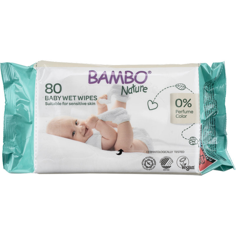 Eine Packung Bambo Nature Feuchtpflegetücher m. Klebeverschluss von Abena Re-Seller GmbH, 15x20cm, enthält 80 Tücher für empfindliche Haut. Die weiß/grüne Packung zeigt ein lächelndes Baby und betont 0% Parfüm, dermatologisch getestet, vegan.