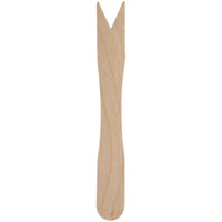 Una forchetta per patatine fritte in legno della Abena Re-Seller GmbH, lunga 8,5 cm, con manico dritto e punta biforcuta a V, confezione da 100 pezzi, fotografata su sfondo bianco.