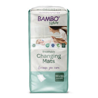 A 10-pack of Bambo Nature changing pads, 60x60 cm, with super-absorbent core from Abena Re-Seller GmbH features eco-friendly symbols on the packaging.