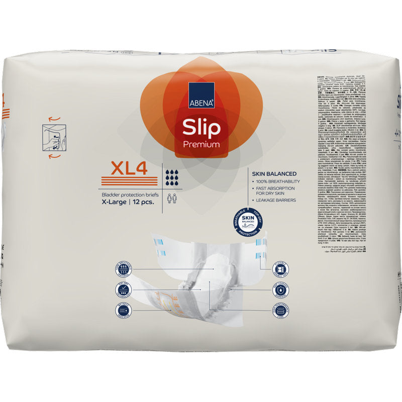 Eine Packung ABENA Slip Premium von Abena Re-Seller GmbH, Größe XL4 X-Large, 12 Stück pro Packung, mit Vorderteil und Händen, die einen Slip halten - perfekt für die zuverlässige Inkontinenzversorgung.