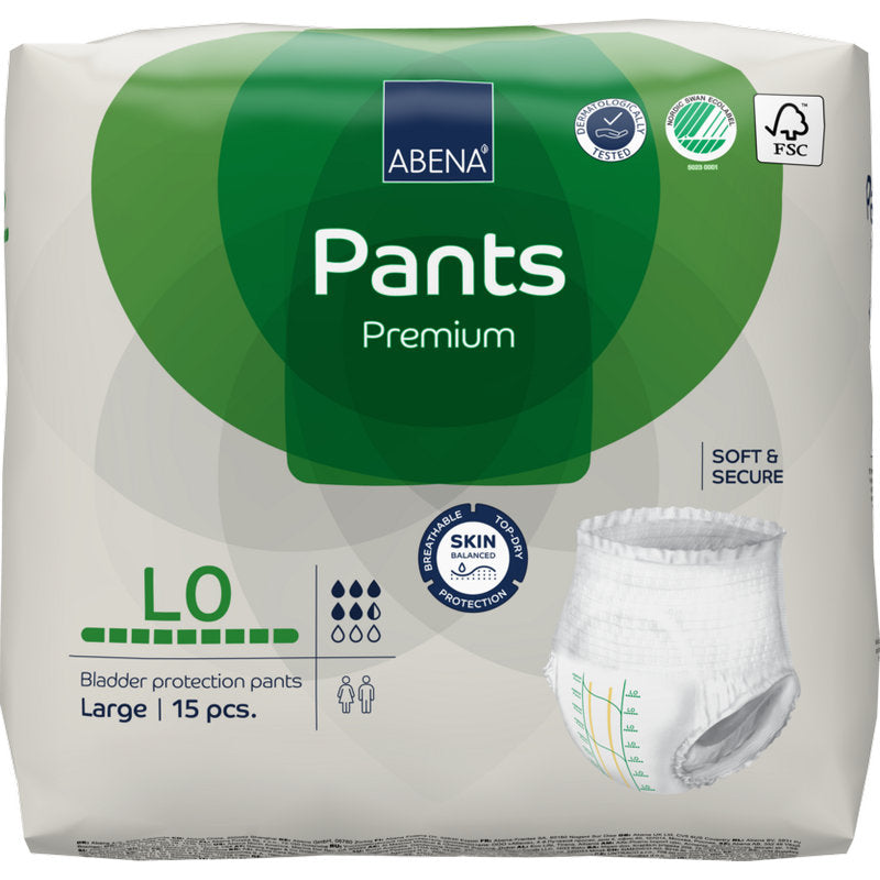 Una confezione di ABENA Pants Premium L di Abena Re-Seller GmbH, taglia large, 15 pezzi, in confezione verde-bianca con simboli per protezione contro le perdite, alta capacità di assorbimento, certificazioni e protezione della pelle.