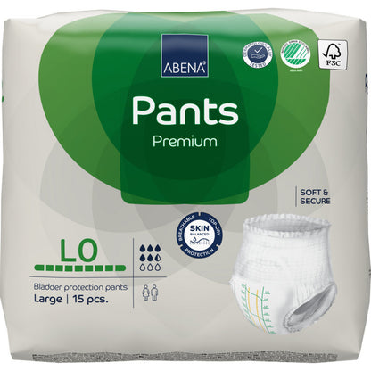 Una confezione di ABENA Pants Premium L di Abena Re-Seller GmbH, taglia large, 15 pezzi, in confezione verde-bianca con simboli per protezione contro le perdite, alta capacità di assorbimento, certificazioni e protezione della pelle.
