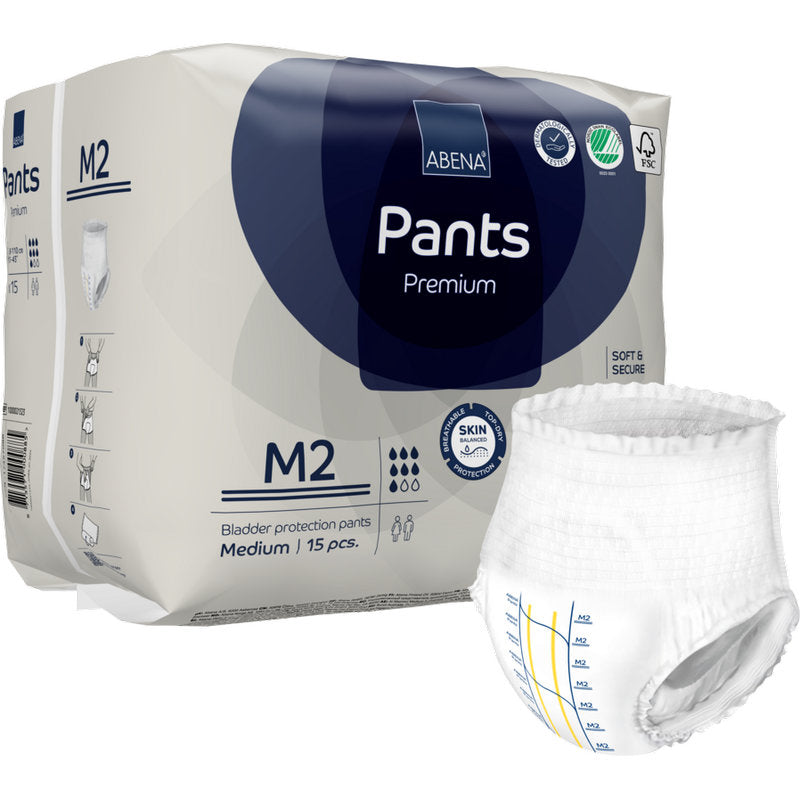 Un paquet de ABENA Pants Premium M de Abena Re-Seller GmbH contient 15 pièces. À l'extérieur de l'emballage, un pantalon jetable est illustré, doté de lignes de mesure soulignant sa haute capacité d'absorption.