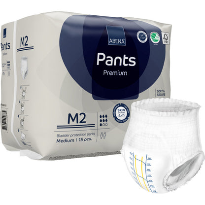 Un paquet de ABENA Pants Premium M de Abena Re-Seller GmbH contient 15 pièces. À l'extérieur de l'emballage, un pantalon jetable est illustré, doté de lignes de mesure soulignant sa haute capacité d'absorption.