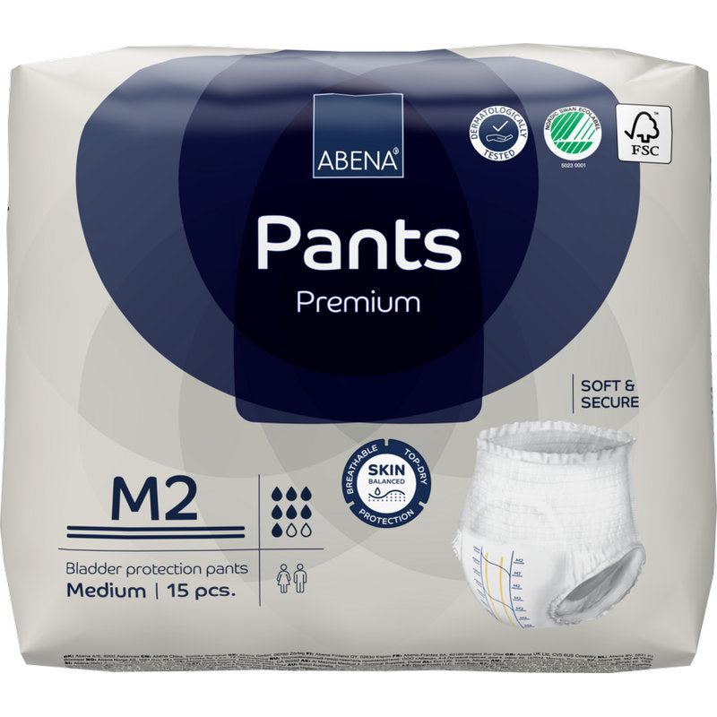 Un paquet de 15 ABENA Pants Premium M de Abena Re-Seller GmbH. L'emballage blanc et bleu montre des icônes pour une haute capacité d'absorption, protection de la peau, absorption et certification écologique.
