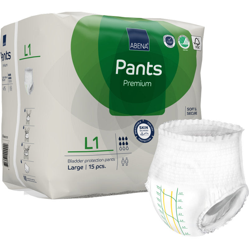 Una confezione da 15 di ABENA Pants Premium L di Abena Re-Seller GmbH offre una protezione affidabile contro le perdite. La confezione bianco-verde mostra un singolo pantalone con pratiche linee di misurazione sulla parte anteriore.