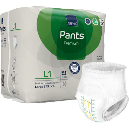 Una confezione da 15 di ABENA Pants Premium L di Abena Re-Seller GmbH offre una protezione affidabile contro le perdite. La confezione bianco-verde mostra un singolo pantalone con pratiche linee di misurazione sulla parte anteriore.