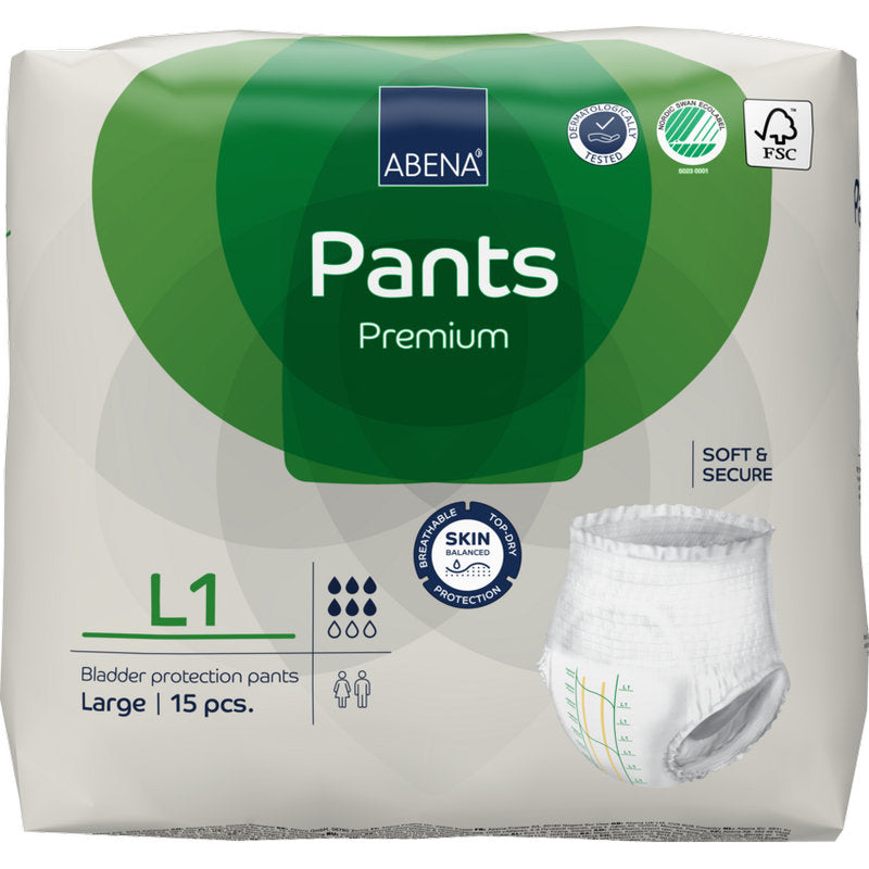 Una confezione di ABENA Pants Premium L di Abena Re-Seller GmbH, taglia Large, contiene 15 pantaloni per la protezione della vescica. La confezione bianco-verde porta la scritta protezione contro le perdite e mostra l'immagine di un pantalone protettivo.